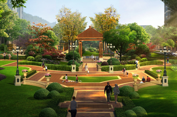 独具特色的休闲广场带凉亭园林景观庭院设计彩色3D效果图